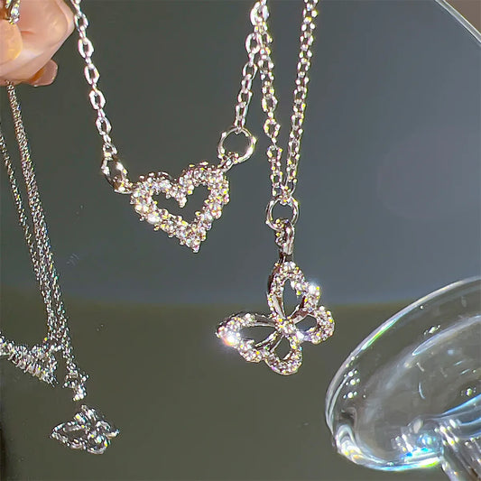 17KM Fashion Butterfly Heart Zircon Necklace for Women